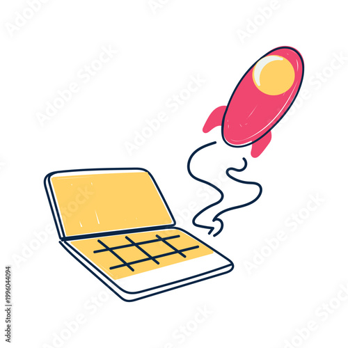 hand drawn rocket launch from laptop tablet icon illustration doodle cartoon