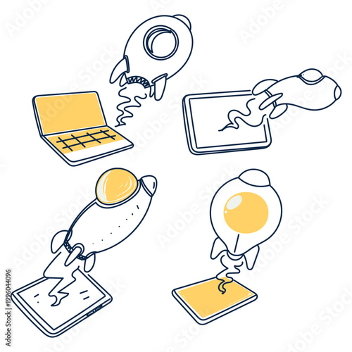 hand drawn rocket launch from laptop tablet icon illustration doodle cartoon
