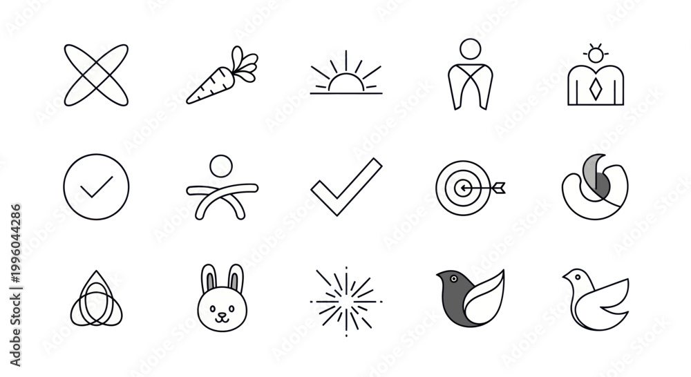Fototapeta premium Minimalist Vector Icons Set: Business, Nature, and Symbols