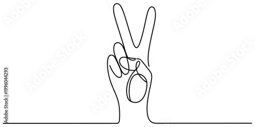 Minimalist continuous line drawing of a human hand showing the victory sign as a symbol of peace and freedom now Vector, illustration
