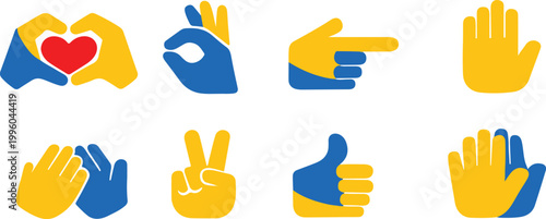 Collection of hand gestures and symbols in blue and yellow colors . Heart, okay, point, thumbs up, peace, clapping, and high five.