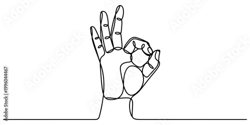 A single continuous line drawing of a human hand making the ok gesture against a plain and isolated background. Vector, illustration