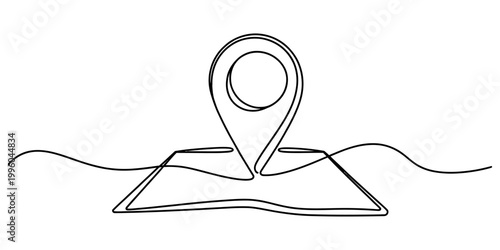 A single continuous line drawing of a location map pin icon sitting on a flat surface for navigation and travel. Vector, illustration
