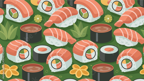 A vibrant illustration of various sushi rolls and sashimi on a green background with flowers and leaves