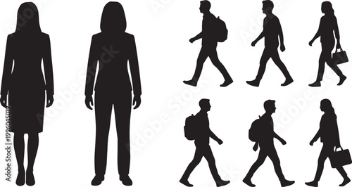 Flat vector silhouettes of business women and students with backpacks representing professional leadership corporate recruitment education and active modern lifestyle workplace diversity