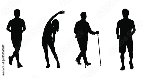 People walking running and doing morning warm up exercises on transparent background.