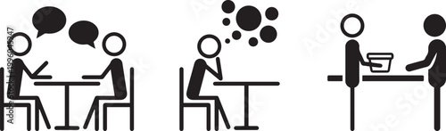 Vector icon set featuring two people talking at a table, a lonely person thinking with bubbles, and a customer service desk interaction