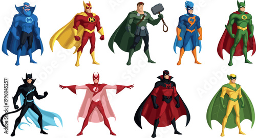 Ten Adult Superhero Cartoon Character Vector Collection with Colorful Costumes Capes Masks Hammer Action Poses Heroes