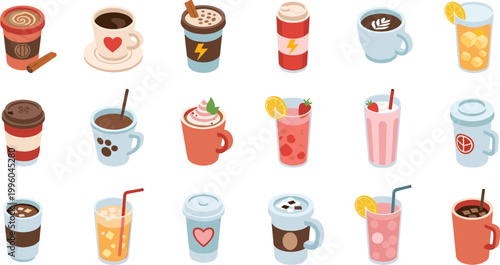 Beverage Icons Set with Coffee, Tea, Smoothies, Milkshakes, Soft Drinks, and Refreshing Drinks for Cafe, Drink Menu, and Beverage Graphics