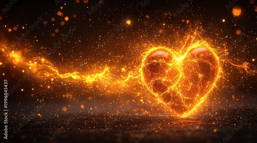 Obraz premium A glowing heart of fire with electrical energy flowing through it against a dark background