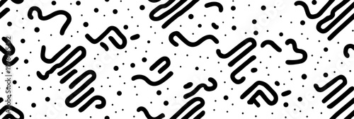 Abstract seamless pattern creating a dynamic maze with dashed lines and scattered dots. Abstract black and white geometric dashed pattern