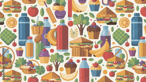 A colorful illustration of various food items and drinks arranged in a playful pattern