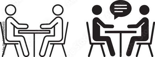 Vector set of two people sitting at a table in conversation and a solid silhouette icon of a job interview with speech bubble