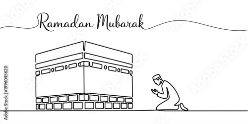 Ramadan mubarak with muslim praying at kaaba line art
