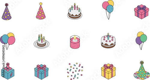 Birthday Party Icons Set with Balloons, Hats, Gifts, Cakes, Candles, and Celebration Decorations for Festive, Party, and Event Graphics