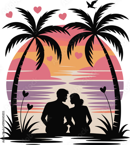 Couple silhouetted in water with palm trees and hearts, romantic tropical vector illustration for love concept, honeymoon travel, sunset beach scene and relationship themed design elements.