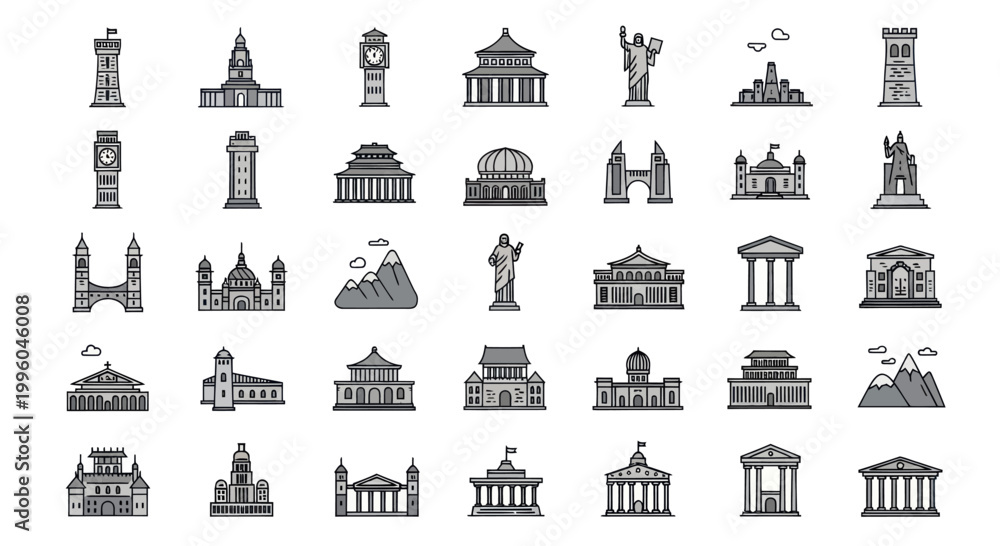 Fototapeta premium Pixel Art Architecture Icons: Famous Landmarks and Buildings Collection