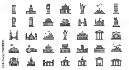 Pixel Art Architecture Icons: Famous Landmarks and Buildings Collection