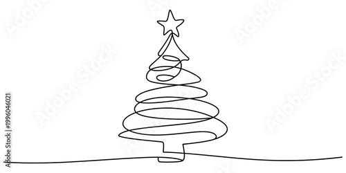 A single continuous line drawing of a stylized christmas tree with a star topper on a plain white background now Vector, illustration