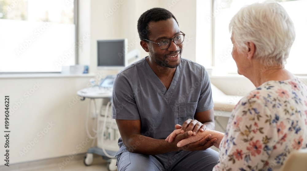 Obraz premium Doctor comforting elderly patient in a clinic