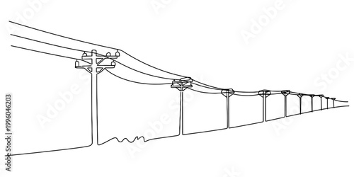 A simple black and white line drawing of many electrical utility poles connected by long wires in a perspective Vector, illustration