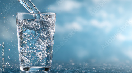 Clear glass filled with fresh water pouring and splashing with bubbles against blue sky background, refreshing and pure hydration