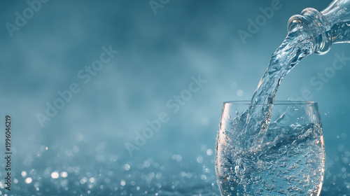 Clear water pouring into transparent glass with bubbles and blue background creating refreshing and pure feeling