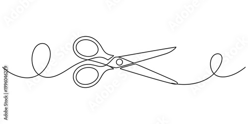 A single continuous line drawing of open scissors with a looped thread design created in a minimalist vector art Vector, illustration