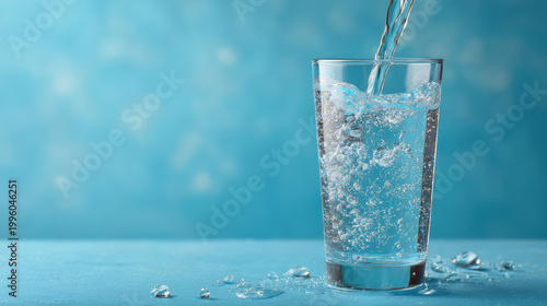 Clear glass filled with fresh water being poured, creating bubbles and droplets on blue surface with soft blue background