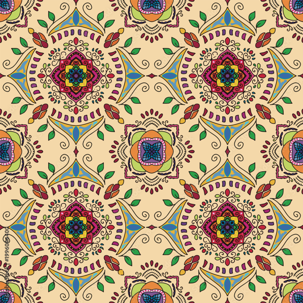 Fototapeta premium Seamless mandala vector pattern with decorative and symmetrical textile texture. Fully editable and scalable vector design suitable for fashion fabric, clothing, sweaters, scarves, blankets, home deco