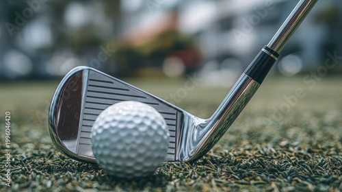Golf ball and club on green grass close up with blurred background for sport and leisure concept