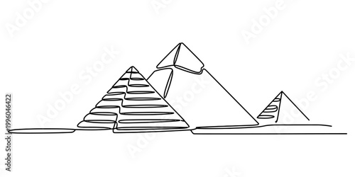 A continuous line art drawing of the iconic ancient egyptian pyramids standing in the vast desert of giza plains. Vector, illustration