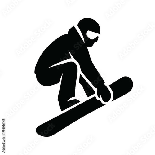 Snowboarder in mid-air jump performing trick against minimalist background.Dynamic illustration of a snowboarder executing an aerial trick, ideal for winter sports, extreme action, or adventure-themed