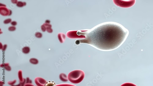 White blood cells drifting slowly with gentle organic movement, subtle interaction with small virus particles, cells gradually surround and neutralize virus 