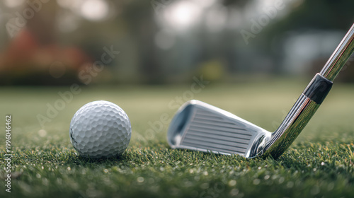 Golf ball and iron club on green grass with blurred background, capturing calm and focused moment in game