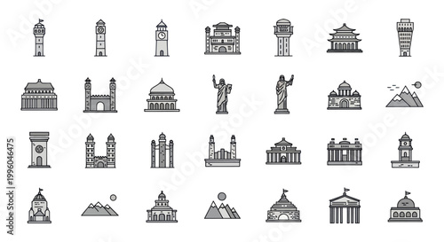World Landmarks Collection: Iconic Buildings and Monuments Icons Set