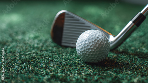 Golf ball and iron club on green grass close up, sports equipment ready for precise shot on golf course