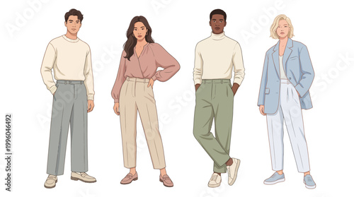 Diverse Casual Minimalist Fashion Four Standing Neutral Earthy Tone Outfit Flat Vector Illustration