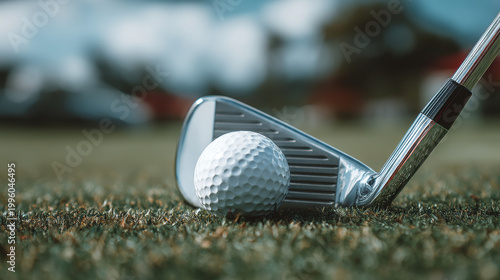Golf ball and iron club on green grass closeup with blurred background in outdoor golf course