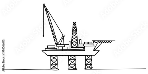 A simple black and white line drawing of an industrial offshore oil drilling rig platform on a white background. Vector, illustration