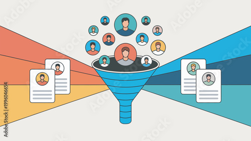 A colorful illustration of a funnel with people and resumes, representing the recruitment and hiring process.