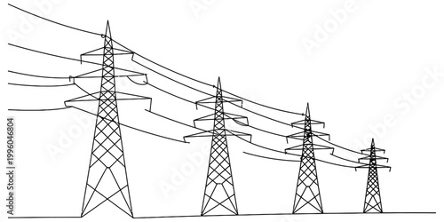 A series of tall metal electrical transmission towers standing in a row against a clear and bright white background Vector, illustration
