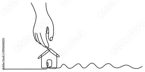 A single continuous line drawing of a human hand gently touching the roof of a small simple house on the ground. Vector, illustration