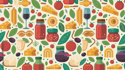 A colorful pattern of food and drink items, including fruits, cheeses, and wine glasses, arranged on a cream background.
