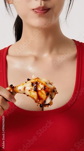Hot Woman eating chicken legs,hot red t shirt, big breast woman on white background, 3d street food,ai generated,2k resolution, commerical videography 
