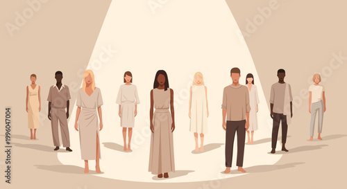 Diverse group of people standing in a spotlight, unity, individuality, community