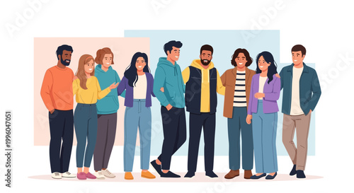 Diverse group of young adults standing together, smiling, casual fashion, modern lifestyle