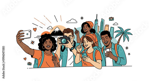 Diverse group of young friends taking a selfie while traveling, capturing memories with a camera.