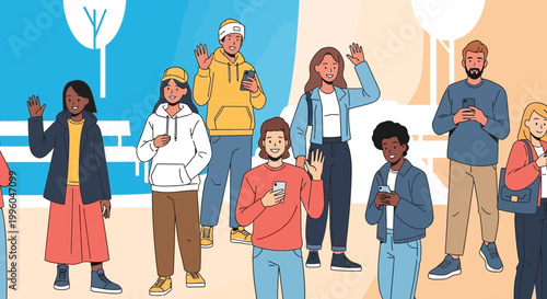 Diverse group of young people waving hello, holding smartphones, outdoors in a park
