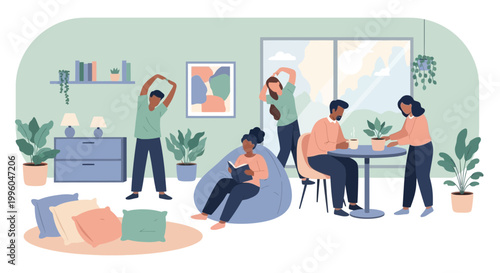 Diverse people enjoying leisure activities in a cozy, modern living room with plants